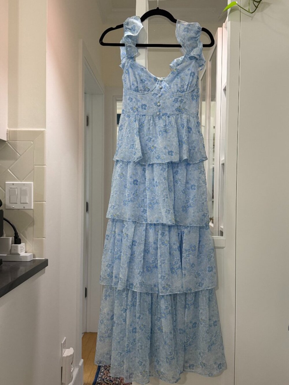 ASTR the Label Midsummer Floral Print Tiered Ruffle Dress - Light Blue S
